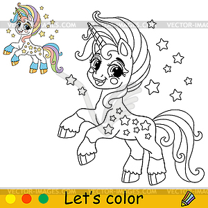 Starry cartoon cute unicorn kids coloring book page - vector clipart