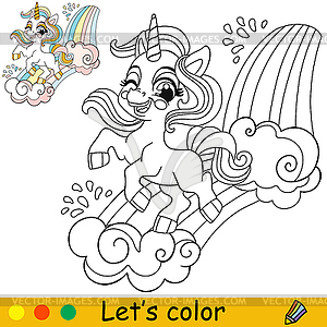 Baby cartoon cute unicorn with rainbow kids colorin - vector clipart / vector image