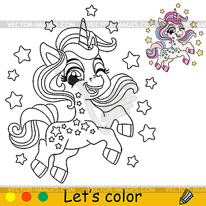 Starry cartoon cute baby unicorn kids coloring - vector image