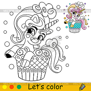 Cartoon cute sweety unicorn kids coloring book page - vector image