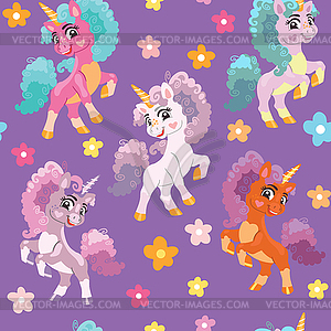 Seamless pattern unicorns with curly mane - vector clip art