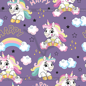 Seamless pattern baby unicorns purple - vector clip art