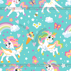 Seamless pattern unicorns and elements turquoise - vector image