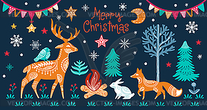 Christmas woodland color animals silhouettes set - vector image