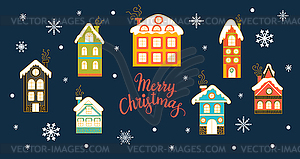 Christmas snowy houses flat collection set - vector clipart