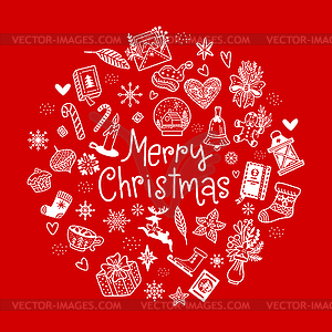 Square red card with white Christmas elements - vector clipart / vector image