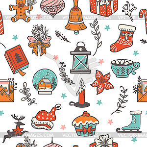 Seamless pattern with Christmas elements in doodle - vector clipart