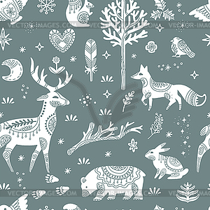 Seamless pattern with woodland animals silhouettes - vector clipart