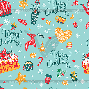 Seamless pattern with Christmas elements turquoise - color vector clipart