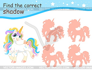 Find correct shadow funny long mane unicorn - vector image