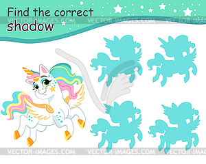 Find correct shadow funny playful unicorn - royalty-free vector image