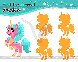 Find correct shadow funny curly mane pink unicorn - vector clip art