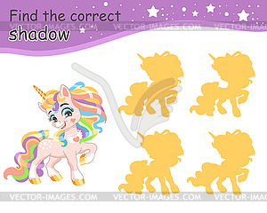 Find correct shadow funny long rainbow mane unicorn - vector image