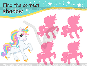 Find correct shadow funny rainbow mane white unicorn - vector image