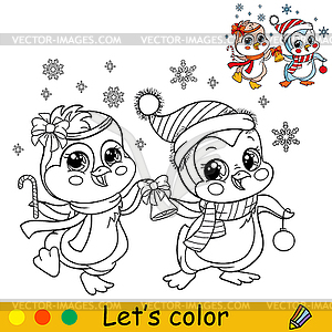 Coloring cute Christmas baby penguins - vector clipart