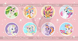 Collection of badges cute cartoon unicorn on pink - vector image