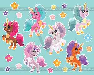 Collection of cute cartoon unicorns on turquoise - vector image