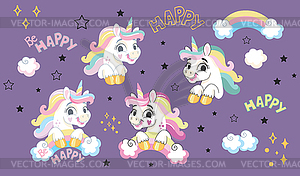 Collection of cute cartoon unicorns on purple - vector image