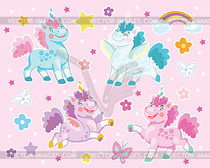 Collection of funny cartoon unicorn on pink - vector image