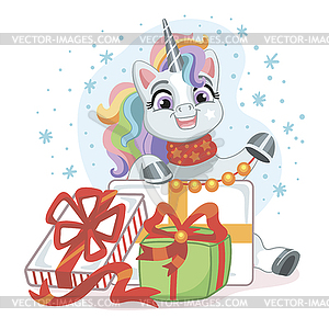 Cute cartoon baby unicorn with gifts - vector clipart