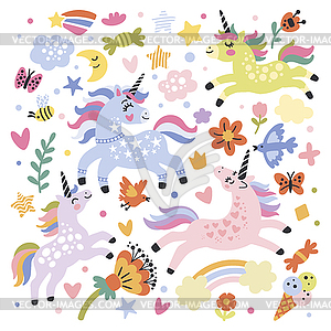 Happy unicorns set - vector clipart