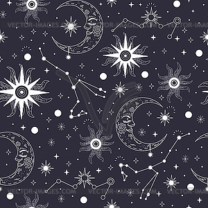 Star constellation and sun seamless pattern - vector clipart