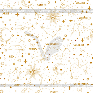 Golden zodiac star constellations seamless pattern - vector image