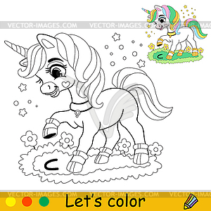 Lets color cute unicorn kids coloring - vector clipart
