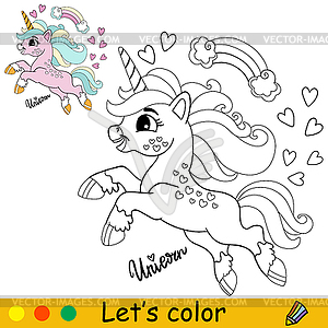 Kids coloring with cute jumping unicorn - vector image