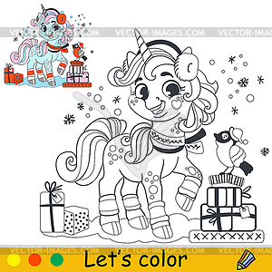 Kids coloring with Christmas unicorn and gifts - vector image