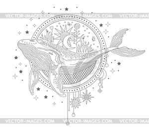 Линейный рисунок небесного кита от руки - изображение в векторном формате
