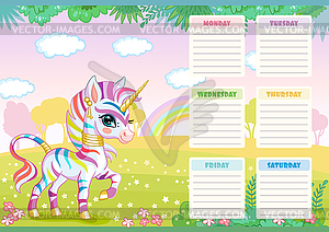 School schedule with cute zebra unicorn - vector clipart