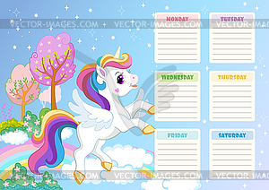 Cute unicorn printable weekly planner - vector image