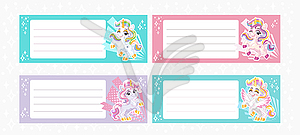 Notes pages with cute cartoon unicorns set - vector clip art