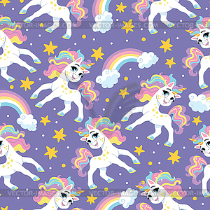 Seamless pattern with cute unicorns on starry sky - vector clip art