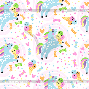 Seamless pattern doodle unicorns and candy - vector clipart