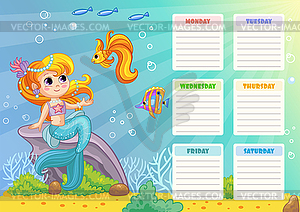 Kids school schedule weekly planner with mermaid - vector image