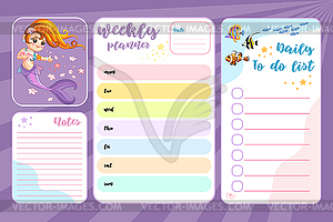 Happy mermaid weekly planner and note pages set - vector clip art