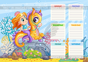 Royal mermaid kids weekly planner - vector image