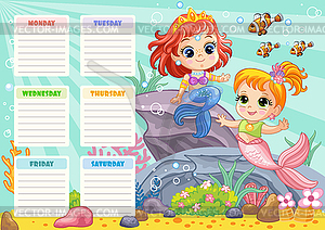 Kids school schedule weekly planner with mermaids - vector clipart