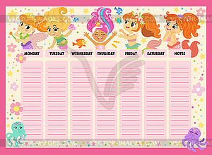 Weekly schedule template for school with mermaids - vector image
