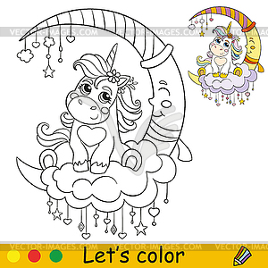 Kids coloring cute unicorn on crescent - vector clipart