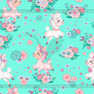 Cute llama on mint color background seamless pattern - vector clipart