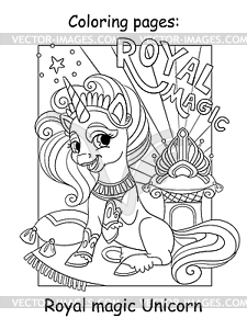 Coloring unicorn and lettering royal magic - vector clipart