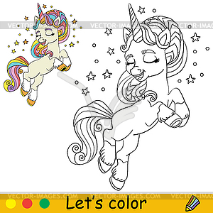 Kids coloring with cute dreaming unicorn with wings - vector clip art