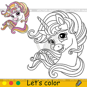 Coloring with color template unicorn head - color vector clipart