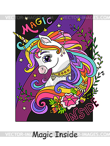 Unicorn with flowers and lettering magic inside - vector clip art