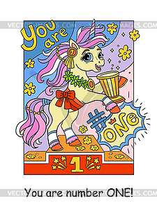 Cute unicorn won prize and lettering - vector image