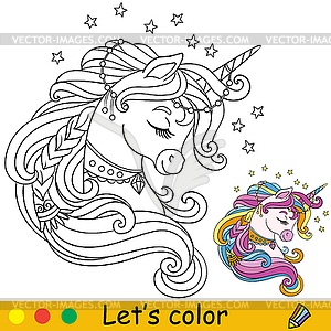 Coloring with color template dreaming unicorn - vector clip art