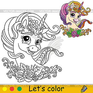 Coloring with color template dreaming unicorn head - vector image